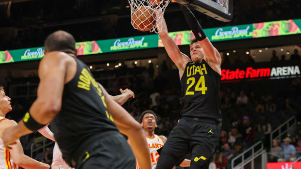 Feb 27, 2024; Atlanta, Georgia, USA; Utah Jazz center Walker Kessler (24) dunks against the Atlanta Hawks in the second half at State Farm Arena. Mandatory Credit: Brett Davis-USA TODAY Sports